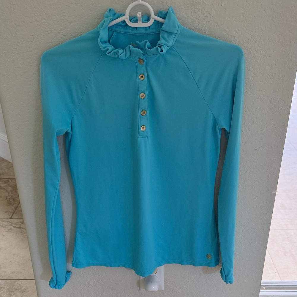 Lilly Pulitzer Turquoise Ruffle-Neck Long Sleeve Top